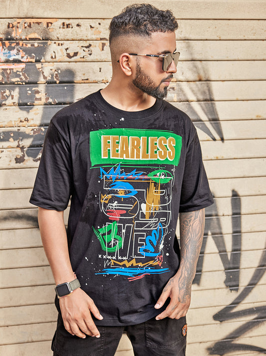 Black Fearless Print Relaxed Fit T-Shirt