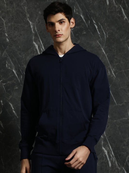 Navy Solid Relaxed Fit Hoddie with zipper