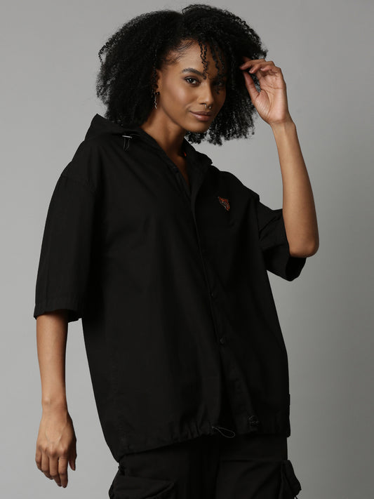 Black Taika Short Sleeve Oversized Hooded Shirt