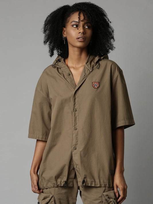 Olive Taika Short Sleeve Oversized Hooded Shirt