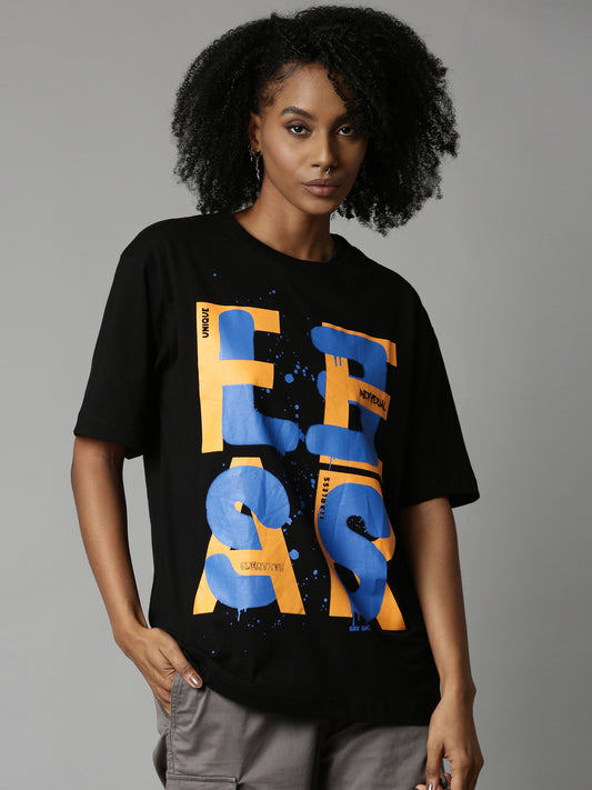 Black Fearless Graffiti Print Relaxed Fit T-Shirt